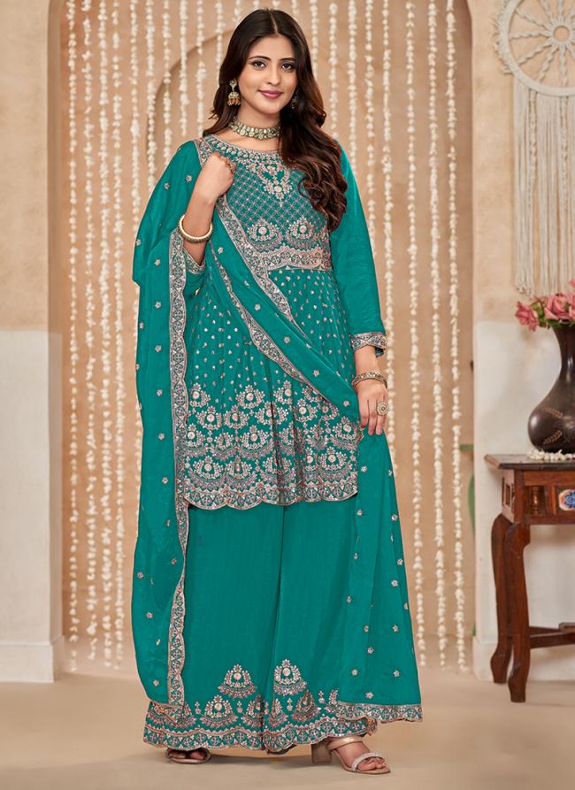 Chiffon Teal Green Wedding Wear Embroidery Work Plazzo Suit